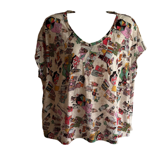 Nicole Miller Multicolor SummerGraphic Short Sleeve 100% Linen Tee - Picture 1 of 6